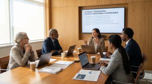 Business leaders discussing AI governance policies and responsible AI use during a team meeting.