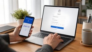 Person using multi-factor authentication to securely access a business account on a laptop.