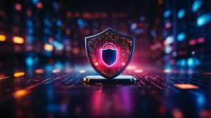 Digital shield representing AI security, cybersecurity, and data protection for businesses.